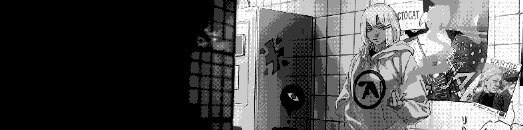 Drawing of a girl in an Aphex Twin hoodie against a tiled wall covered in stickers